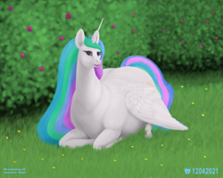 Size: 1200x960 | Tagged: safe, artist:soobel, princess celestia, alicorn, pony, g4, chonk, chubbylestia, fat, open mouth, princess celestia is a horse, smiling, solo