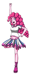 Size: 1512x3552 | Tagged: safe, artist:artemis-polara, pinkie pie, equestria girls, g4, belly button, clothes, excited, fist in the air, geode of sugar bombs, magical geodes, open mouth, shirt, shoes, simple background, skirt, smiling, solo, transparent background