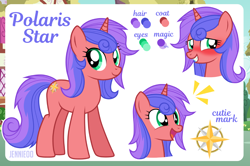 Size: 1200x798 | Tagged: safe, artist:jennieoo, oc, oc only, oc:polaris star, pony, unicorn, g4, female, happy, laughing, mare, reference sheet, show accurate, shy, smiling, solo