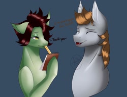 Size: 2048x1570 | Tagged: source needed, safe, artist:allianathedoe, oc, oc:devin, oc:dive siren, pony, autograph, crush, dialogue, diren, duo, fan, fangs, female, floppy ears, lidded eyes, male, nervous, shipping, smiling, straight, writing