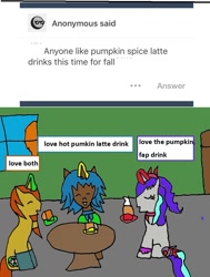 Size: 774x1025 | Tagged: safe, artist:ask-luciavampire, oc, oc only, oc:espresso bean, oc:layla bloodlight, oc:yuri peppermint, pony, unicorn, ask ponys gamer club, ask, coffee, misspelling, tumblr, unfortunate typo