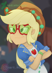 Size: 1500x2121 | Tagged: safe, artist:nadiakaizane, applejack, equestria girls, g4, my little pony equestria girls: better together, crossed arms, female, glasses, smug, solo