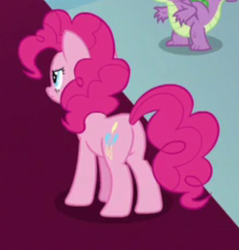 Size: 333x348 | Tagged: safe, screencap, pinkie pie, spike, dragon, earth pony, pony, g4, the ending of the end, butt, cropped, plot