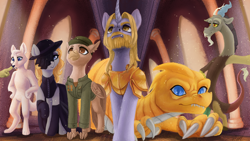 Size: 1280x720 | Tagged: safe, artist:violettacamak, discord, oc, dragon, earth pony, griffon, pony, unicorn, wolf, anthro, g4, armor, clothes, commission, royal throne room