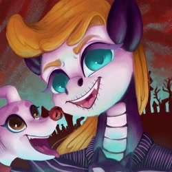 Size: 1280x1280 | Tagged: safe, artist:violettacamak, applejack, winona, dog, earth pony, pony, g4, applejack skellington, clothes, commission, costume, halloween, halloween costume, holiday, jack skellington, looking at you, the nightmare before christmas, zero (the nightmare before christmas)