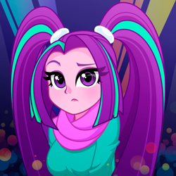 Size: 905x905 | Tagged: safe, artist:rosemile mulberry, aria blaze, equestria girls, g4, ariabetes, blushing, breasts, bust, busty aria blaze, clothes, cute, female, moe, pigtails, raised eyebrow, scarf, solo, transparent hair, twintails