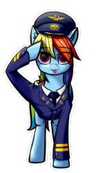 Size: 723x1302 | Tagged: safe, alternate version, artist:colourwave, rainbow dash, pegasus, pony, g4, :p, aeroflot logo, clothes, cute, female, hammer and sickle, looking at you, mlem, o7, pilot, salute, silly, simple background, solo, sticker, tongue out, transparent background, uniform