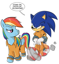 Size: 731x800 | Tagged: safe, artist:boscoloandrea, rainbow dash, hedgehog, pegasus, pony, g4, bound wings, clothes, cuffs, duo, male, prison outfit, prisoner, prisoner rd, running, simple background, smiling, smirk, sonic the hedgehog, sonic the hedgehog (series), sonic vs rainbow dash, transparent background, unamused, wing cuffs, wings