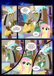 Size: 3259x4607 | Tagged: safe, artist:estories, discord, fluttershy, draconequus, pegasus, pony, comic:nevermore, g4, comic, glowing, glowing horn, horn, house, speech bubble