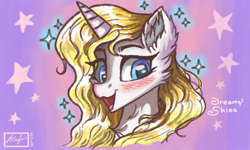 Size: 854x512 | Tagged: safe, artist:dreamyskies, oc, oc:sweetie shy, alicorn, pony, 3ds, abstract background, alicorn oc, blushing, bust, happy, horn, looking at you, lowres, magic, open mouth, pony oc, portrait, signature, solo, sparkles, stars, wings