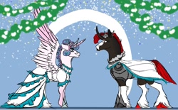 Size: 1280x794 | Tagged: safe, artist:d3pressedr4inbow, princess flurry heart, oc, oc:broken heart, alicorn, pony, unicorn, g4, armor, canon x oc, clothes, cloven hooves, crown, dress, female, jewelry, magical gay spawn, male, mare, marriage, offspring, offspring shipping, older, older flurry heart, parent:king sombra, parent:sunburst, parents:somburst, regalia, shipping, spread wings, stallion, straight, unshorn fetlocks, wedding, wedding dress, wings