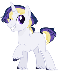 Size: 2185x2585 | Tagged: safe, artist:thieeur-nawng, oc, oc only, pony, unicorn, grin, high res, horn, raised hoof, simple background, smiling, solo, unicorn oc, unshorn fetlocks, white background