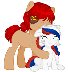 Size: 1593x1681 | Tagged: safe, artist:katnekobase, artist:thieeur-nawng, oc, oc only, earth pony, pony, base used, braid, duo, eyepatch, female, hammer and sickle, hug, mare, nation ponies, ponified, russia, simple background, smiling, white background