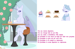 Size: 3656x2408 | Tagged: safe, artist:dianamur, oc, oc only, alicorn, pony, alicorn oc, base, beret, food, hat, high res, horn, outdoors, sitting, stool, table, wings