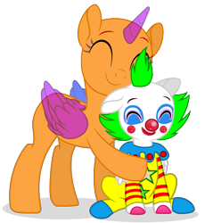 Size: 1645x1721 | Tagged: safe, artist:katnekobase, artist:pepppermintfox, oc, oc only, alicorn, pony, alicorn oc, bald, clothes, clown, clown nose, collaboration, duo, eyelashes, eyes closed, horn, red nose, signature, simple background, smiling, transparent background, wings