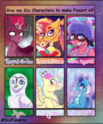 Size: 899x1077 | Tagged: safe, artist:miserisyt, artist:shootingstaryt, princess ember, princess skystar, sunset shimmer, tempest shadow, bird, classical hippogriff, hippogriff, owl, unicorn, anthro, g4, my little pony: the movie, anthro with ponies, bna: brand new animal, broken horn, clothes, crossover, eye scar, female, flower, flower in hair, glowing horn, grin, guitar, horn, jewelry, looking back, magic, michiru kagemori, musical instrument, necklace, scar, six fanarts, smiling, sparking horn, telekinesis