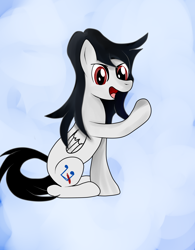 Size: 1992x2548 | Tagged: safe, artist:almaustral, oc, oc only, oc:lighting wind, pegasus, pony, abstract background, open mouth, pegasus oc, raised hoof, smiling, solo, wings