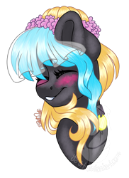 Size: 1080x1483 | Tagged: safe, artist:silentwolf-oficial, oc, oc only, earth pony, pony, blushing, bust, cute, earth pony oc, eyes closed, floral head wreath, flower, flower in hair, signature, simple background, solo, transparent background, watermark