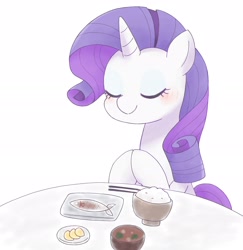 Size: 2549x2618 | Tagged: dead source, safe, artist:ginmaruxx, rarity, fish, pony, unicorn, g4, blushing, bowl, bust, chopsticks, cute, female, food, high res, hooves together, mare, ponies eating meat, ponies eating seafood, raribetes, rice, seafood, simple background, solo, sushi, table, white background