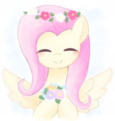 Size: 1828x1920 | Tagged: dead source, safe, artist:ginmaruxx, fluttershy, pegasus, pony, g4, blushing, bust, cute, eyes closed, female, floral head wreath, flower, mare, shyabetes, smiling, solo, spread wings, wings