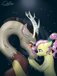 Size: 768x1024 | Tagged: safe, artist:delfinaluther, discord, fluttershy, draconequus, pegasus, pony, g4, female, flower, flower in hair, male, older, older fluttershy, ship:discoshy, shipping, signature, straight