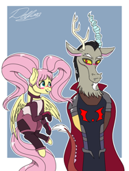 Size: 768x1024 | Tagged: safe, artist:delfinaluther, discord, fluttershy, draconequus, pegasus, pony, g4, blushing, crossover, entrapta, female, hordak, male, pigtails, she-ra and the princesses of power, ship:discoshy, shipping, straight