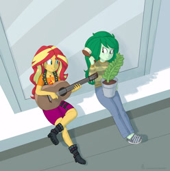 Size: 1070x1080 | Tagged: safe, artist:carnifex, sunset shimmer, wallflower blush, equestria girls, g4, acoustic guitar, boots, brush, clothes, commission, courtyard, duo, flower pot, geode of empathy, guitar, legs, magical geodes, musical instrument, pants, potted plant, shoes, sitting, skirt, wallflower and plants