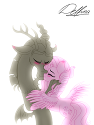 Size: 768x1024 | Tagged: safe, artist:delfinaluther, discord, fluttershy, draconequus, pegasus, pony, g4, blushing, eyes closed, female, kissing, male, ship:discoshy, shipping, straight