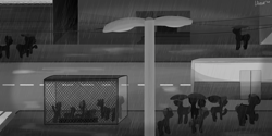 Size: 5000x2500 | Tagged: safe, artist:uteuk, earth pony, pony, unicorn, barbed wire, black and white, bus, bus stop, grayscale, monochrome, rain, road, umbrella