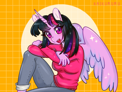 Size: 800x600 | Tagged: safe, artist:kaikururu, twilight sparkle, alicorn, anthro, g4, abstract background, adorasexy, breasts, busty twilight sparkle, clothes, cute, eyelashes, female, looking at you, open mouth, redraw, sexy, sitting, smiling, solo, sparkles, sweater, thighs, twiabetes, twilight sparkle (alicorn)