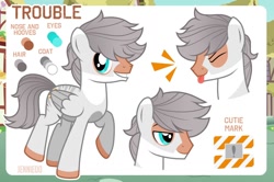 Size: 1280x852 | Tagged: safe, artist:jennieoo, oc, oc only, oc:trouble, pegasus, pony, g4, happy, reference sheet, sheet, show accurate, smiling, solo, tongue out