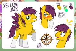 Size: 1280x852 | Tagged: safe, artist:jennieoo, oc, oc only, oc:yellow jack, pony, g4, happy, raised hoof, reference sheet, sheet, shocked, show accurate, shy, solo, vector, wings