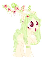 Size: 389x488 | Tagged: safe, oc, oc only, deer, deer pony, original species, pony, antlers, feathered fetlocks, flower, hoof on chest, open mouth, simple background, smiling, solo, white background