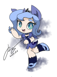 Size: 2625x3500 | Tagged: safe, artist:musical ray, princess luna, alicorn, human, adorable face, beanbrows, chibi, clothes, cute, dress, eared humanization, eyebrows, female, filly, horn, horned humanization, humanized, lunabetes, solo, white pupils, winged humanization, wings, woona, younger
