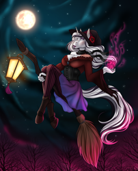 Size: 2865x3549 | Tagged: safe, artist:blackblood-queen, oc, oc only, oc:yiazmat, unicorn, anthro, unguligrade anthro, anthro oc, breasts, broom, clothes, commission, eyeshadow, female, flying, flying broomstick, full moon, hat, high res, horn, lantern, lipstick, magic, makeup, mare, moon, night, rule 63, scar, smiling, unicorn oc, witch, witch hat, ych result