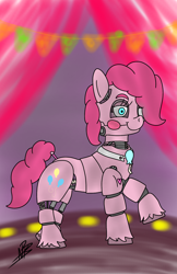 Size: 1200x1848 | Tagged: safe, artist:shappy the lamia, pinkie pie, earth pony, pony, robot, robot pony, five nights at aj's, g4, animatronic, balloon, blue eyes, cutie mark, decoration, eyebrows, five nights at freddy's, five nights at freddy's 2, five nights at freddy's 3, five nights at freddy's 4, five nights at freddy's: sister location, five nights at pinkie's, fnaf 2, fnaf 3, fnaf 4, fnap, halloween, happy, heart, holiday, hooves, light, nightmare night, party, party decorations, pink, pink mane, pink tail, present, robot eye, roboticization, scared, smiling, solo, stage