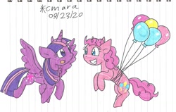 Size: 1775x1131 | Tagged: safe, artist:cmara, pinkie pie, twilight sparkle, alicorn, earth pony, pony, g4, balloon, duo, female, floating, flying, grin, mare, open mouth, pinkie being pinkie, raised hoof, raised leg, simple background, smiling, then watch her balloons lift her up to the sky, traditional art, twilight sparkle (alicorn), white background