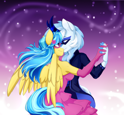 Size: 3000x2776 | Tagged: safe, artist:shooshaa, oc, oc only, oc:code quill, oc:jeppesen, kirin, pegasus, anthro, abstract background, alternate hairstyle, anthro oc, armpits, ballroom dancing, braid, breasts, chest fluff, clothes, dancing, dress, duo, evening dress, evening gloves, eye mask, female, flower, flower in hair, flowing mane, formal dress, formal wear, gloves, high res, holding hands, horn, interspecies, kirin oc, long gloves, looking at each other, male, mare, mask, pegasus oc, pink dress, shipping, stallion, suit, tail, wings