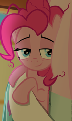 Size: 3189x5315 | Tagged: safe, artist:ace play, pinkie pie, earth pony, pony, g4, absurd resolution, bags under eyes, bed, bedsheets, cute, diapinkes, female, looking at you, mare, messy mane, morning ponies, pillow, show accurate, smiling, smiling at you, solo, tired, vector, waking up