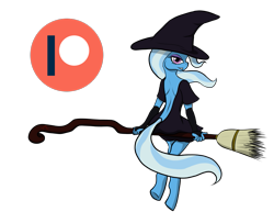 Size: 1091x887 | Tagged: safe, artist:tunrae, trixie, unicorn, anthro, unguligrade anthro, g4, bedroom eyes, broom, clothes, female, gloves, hat, looking at you, looking back, looking back at you, looking over shoulder, patreon, patreon logo, simple background, solo, stupid sexy trixie, transparent background, witch, witch hat