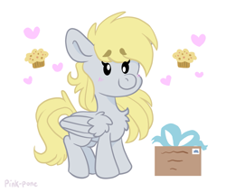 Size: 1915x1632 | Tagged: safe, artist:pink-pone, derpy hooves, pony, blushing, box, chest fluff, chibi, food, muffin, simple background, solo, white background