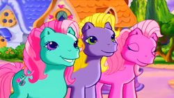 Size: 1246x701 | Tagged: safe, screencap, daisyjo, minty, pinkie pie (g3), earth pony, pony, g3, the runaway rainbow, cute, eyes closed, female, g3 dawwsyjo, g3 diapinkes, house, mare, mintabetes, ponyville, ponyville (g3), singing, smiling, trio, whenever there's a rainbow