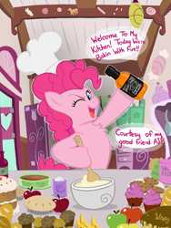 Size: 3024x4032 | Tagged: safe, artist:wispy tuft, pinkie pie, earth pony, pony, g4, alcohol, applejack daniel's, bakery, baking, classic, cooking, cupcake, epic cupcake time, female, food, kitchen, liquor, mare, solo, this will end in fire, whiskey