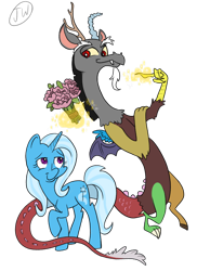 Size: 2088x2871 | Tagged: safe, artist:jbrid, discord, trixie, g4, bouquet, duo, female, flower, high res, male, shipping, simple background, straight, transparent background, trixcord