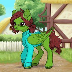 Size: 1024x1024 | Tagged: safe, oc, oc only, pegasus, pony, avatar maker factory, clothes, emerald skies, glasses, solo, sweater, village