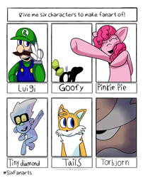 Size: 3000x3582 | Tagged: safe, artist:stitchpunkstudios, pinkie pie, dog, earth pony, fox, human, pony, troll (fantasy), anthro, g4, anthro with ponies, bust, clothes, crossover, eyes closed, female, goofy (disney), hat, high res, luigi, male, mare, miles "tails" prower, open mouth, overwatch, raised hoof, six fanarts, sonic the hedgehog (series), super mario bros., tiny diamond, torbjorn, trolls, underhoof