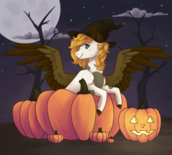 Size: 3000x2700 | Tagged: safe, artist:flaming-trash-can, oc, oc only, oc:indigo skies, pegasus, pony, cloud, commission, halloween, hat, high res, holiday, jack-o-lantern, moon, night, pumpkin, solo, tree, witch hat, ych result