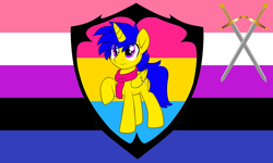 Size: 1024x615 | Tagged: safe, artist:lazy ferret, oc, oc only, oc:sworden shieldbearer, pony, agender, crossed swords, cute, eyestrain warning, genderfluid, genderfluid pride flag, heater shield, heater shield design, incorrect scarf design, missing accessory, pansexual, pansexual pride flag, pride, pride flag, solo