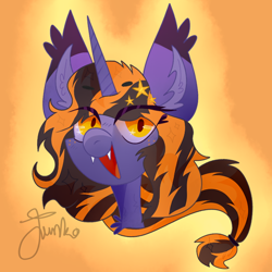 Size: 700x700 | Tagged: source needed, safe, artist:php163, oc, oc only, oc:hocus pocus, bat pony, pony, unicorn, big ears, bust, chest fluff, cute, ear fluff, eye clipping through hair, eyelashes, fangs, female, freckles, hairpin, mare, orange background, signature, simple background, smiling, solo, wingding eyes