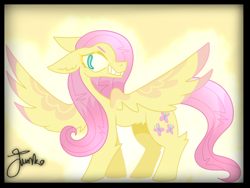 Size: 800x600 | Tagged: safe, artist:php163, fluttershy, pegasus, pony, g4, big eyes, evil grin, evil smirk, female, grin, large wings, mare, signature, simple background, smiling, smirk, solo, spread wings, wings, yellow background